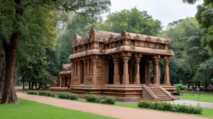 Fototapeta premium The structure features intricate details of a red brick temple, highlighting its unique architecture during daylight