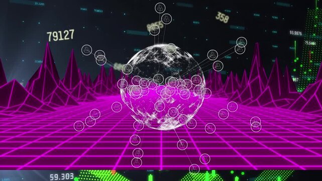 Animation of globe and data processing over digital mountains