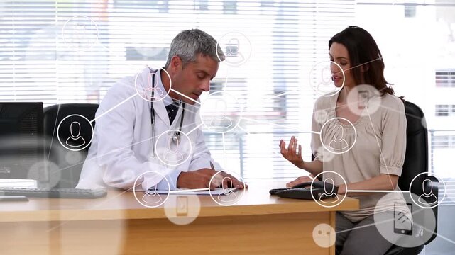 Animation of digital icons connecting with lines over patient explaining medical problems to doctor
