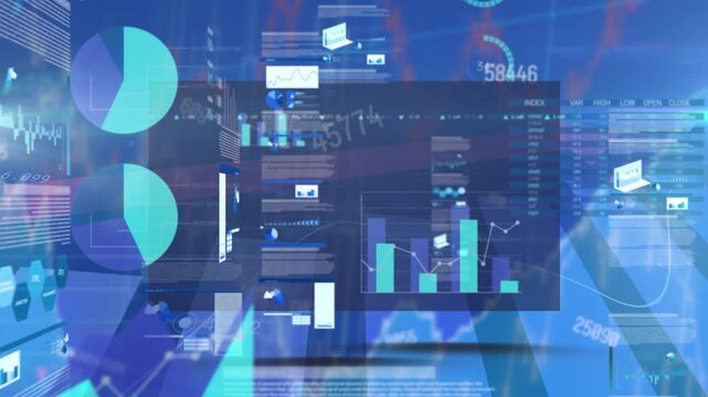 Animation of diverse data and graphs over blue space