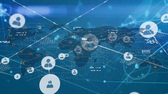 Animation of growing network of connections with people icons on white nodes over globe