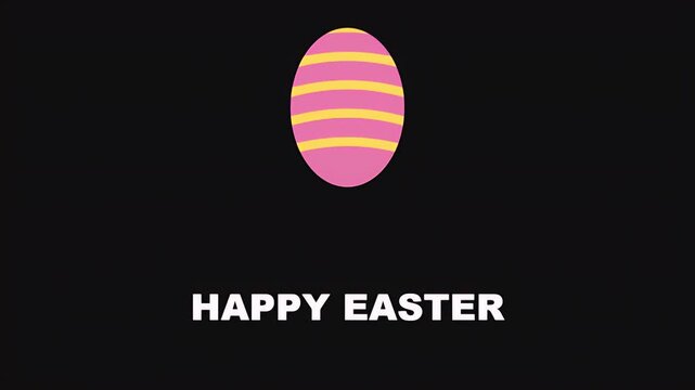 A decorative pink easter egg with yellow stripes is displayed above the text happy easter for a holiday greeting