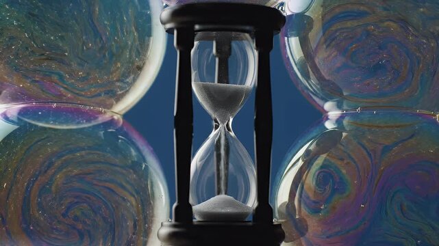 A striking image features an hourglass filled with sand, surrounded by vibrant, swirling bubbles, symbolizing the fleeting nature of time and its beauty.