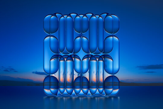 3D blue glass frame with reflective modular sunset surface