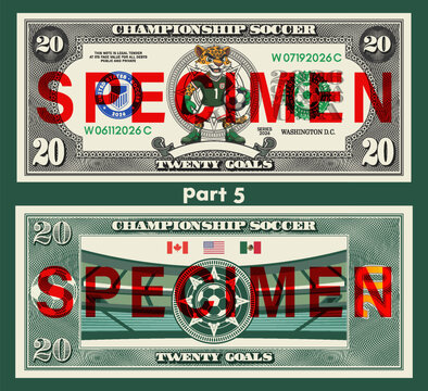 Vector banknote, denomination of 20 goals. Cartoon jaguar, ball and football uniform. Obverse, reverse. 2026. championship. Flags of United States, Canada and Mexico. Soccer twenty