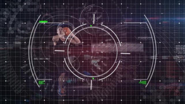 Animation of infographic interface over caucasian player throwing basketball in hoop