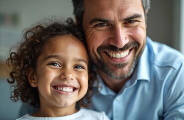 Fototapeta premium Father and daughter share a happy moment, smiling brightly together. Close-up on their joyful faces and healthy teeth, representing family bonds and dental wellbeing.