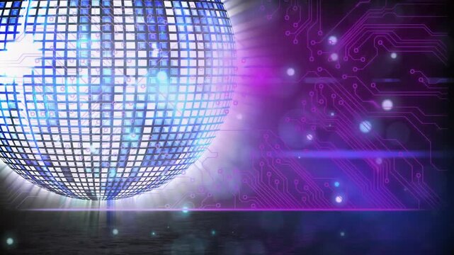 Animation of light spots and computer circuit board over disco ball on black background