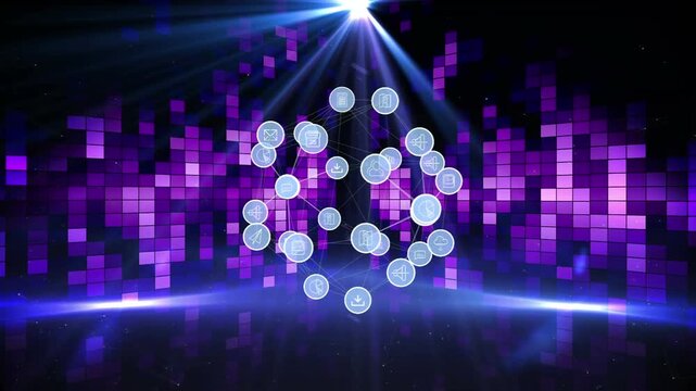 Animation of network of connections with icons over moving columns on black background