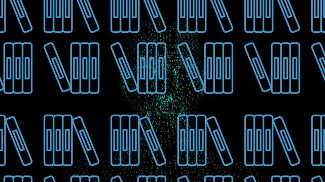 Animation of human digital head spinning with blue book pattern on black background