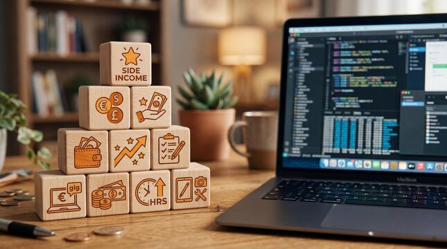 Passive income concept pyramid with wooden blocks featuring financial icons placed on an office desk next to a laptop displaying software code for digital growth