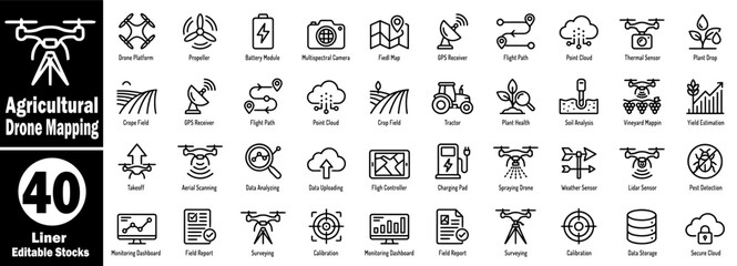 Agricultural drone mapping linear icons for smart farm technology. © Hafiz