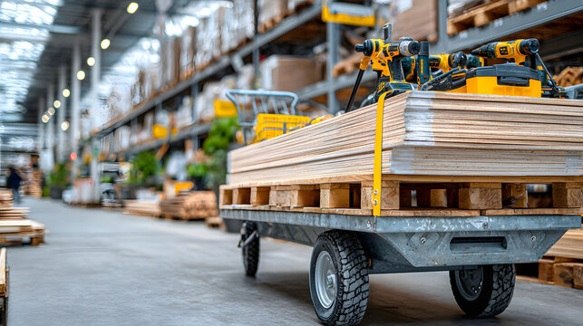 Shopping cart filled with plywood sheets and tools in a warehouse during a busy day of building projects