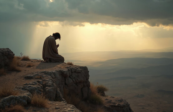 Man kneels on cliff edge praying at sunrise. Dramatic clouds and light rays create awe. Person finds solace in nature, seeking divine connection and inner peace.