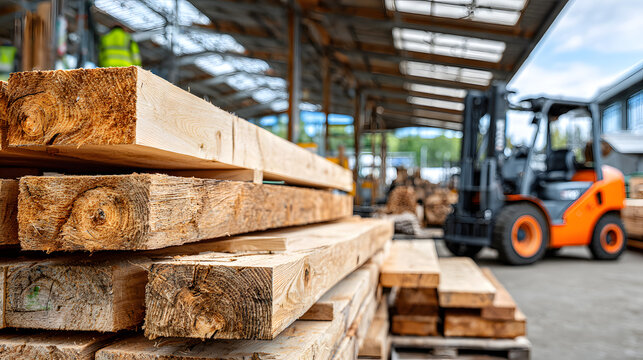 Lumber stacks viewed from the side with a forklift in the background on a sunny day at a lumber yard
