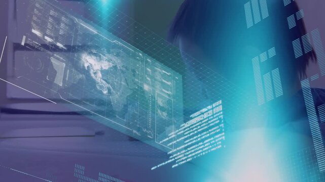 Animation of data processing over asian schoolboy in classroom