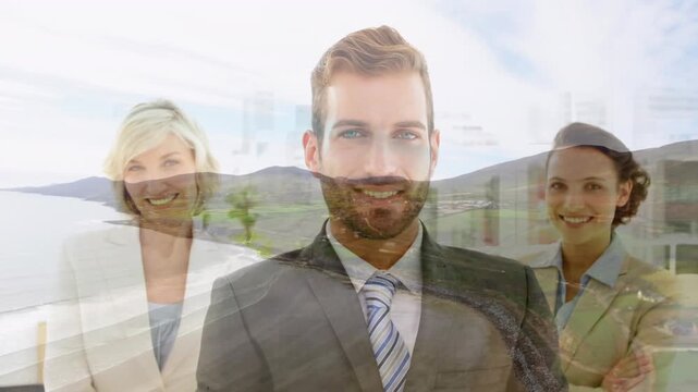 Composite video of diverse businesspeople smiling against aerial view of a beach and sea waves
