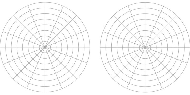 Coaching tool. Polar grid of 10 segments and 5 concentric circles. Circle diagram of lifestyle balance. Wheel of life template. Vector blank polar graph paper. Blank.