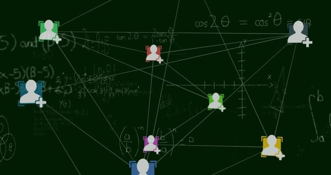 Animation of network of connections with icons over mathematical equations on black background