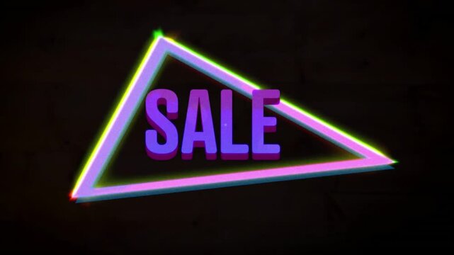Animation of sale text over triangular banner in seamless pattern against black background