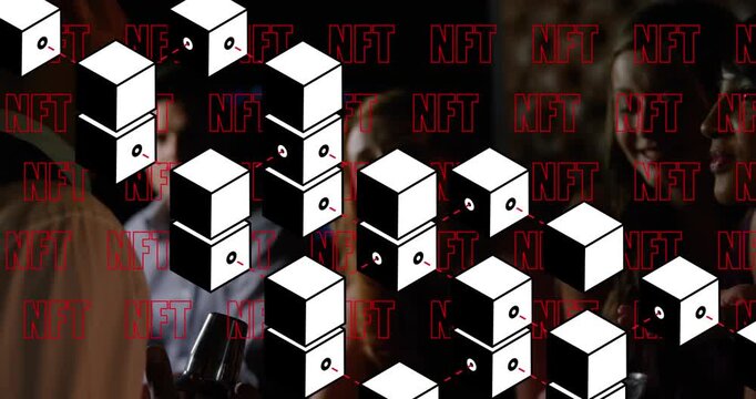 Animation of nft text banners over three diverse female friends talking to male bartender at a bar