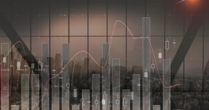 Animation of statistical data processing over view of cityscape from office