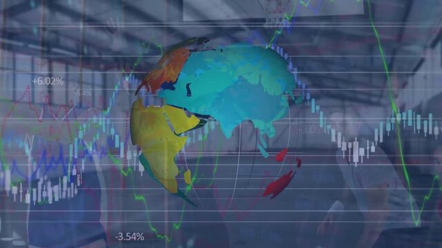 Animation of graphs, numbers, globe and empty warehouse over diverse players playing basketball