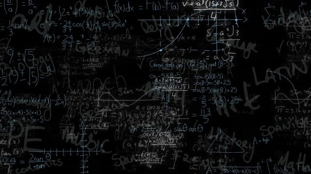 Animation of mathematical equations over black background