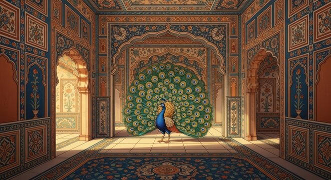 Magnificent Peacock Displayed in Ornate Indian Palace Hall.