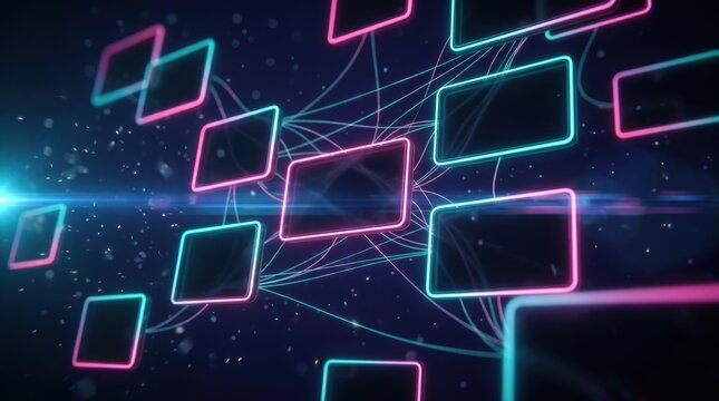 Floating dark UI panel cards with neon pink and cyan glow edges, luminous thread connections, dark indigo background, scattered particles, anamorphic lens flare.