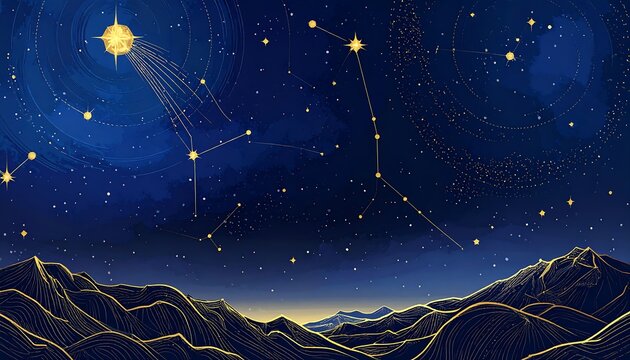 A starry night sky with constellations over a mountain range