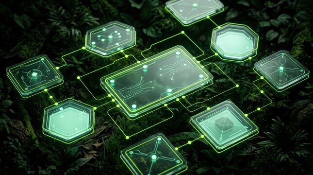 Rich deep forest green background with floating transparent UI module cards, electric lime accent lines, organized connection dots, cool mint inner glow, dramatic key lighting.