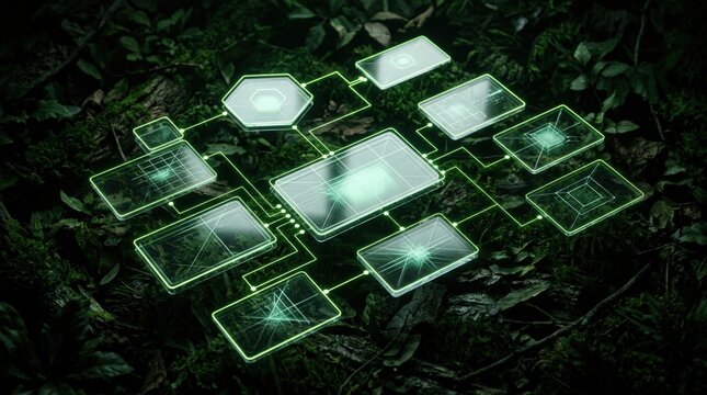 Rich deep forest green background with floating transparent UI module cards, electric lime accent lines, organized connection dots, cool mint inner glow, dramatic key lighting.