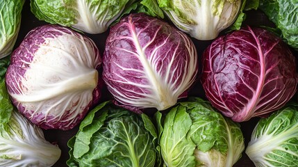 Obraz premium Vibrant Colorful Assortment of Radicchio Rosso Heads and Fresh Vegetables for a Healthy Diet Boost