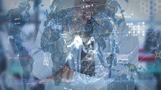 Animation of data processing over mid section of caucasian businessman touching futuristic screen
