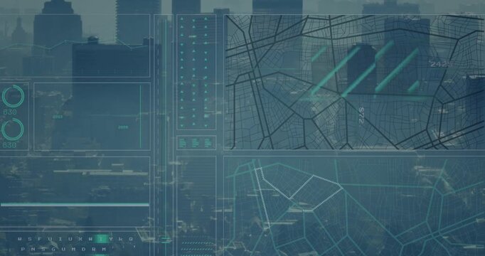 Animation of graph, loading circles and navigation pattern against city in background