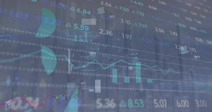 Animation of statistical and stock market data processing against blue background