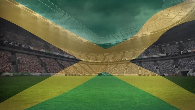 Animation of waving jamaica flag against view of a sports stadium