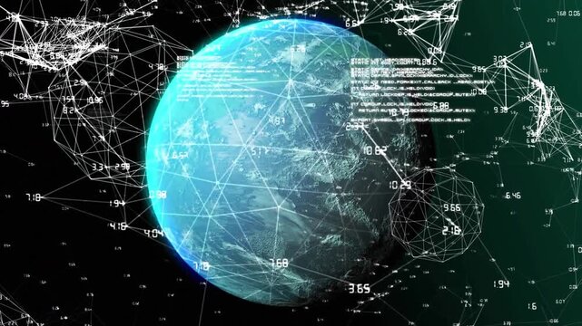 Animation of connected dots with numbers and globes with computer language over abstract background