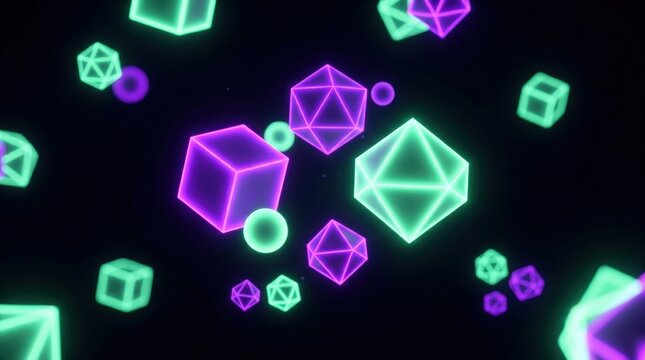 Ultra-clean dark background with sparse floating geometric primitives, cubes spheres and octahedrons in neon violet and electric mint, colored rim light, dramatic shadows.