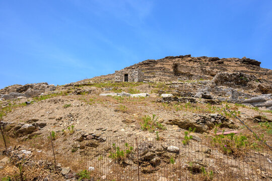 The Ancient site of Minoa, at Moundoulia Hill, above the port of Katapola. Amorgos Island, Cyclades, Greece