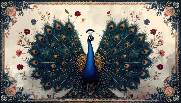 Magnificent Peacock Displaying Its Vibrant Plumage in a Decorative Setting.