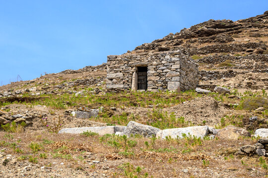 The Ancient site of Minoa, at Moundoulia Hill, above the port of Katapola. Amorgos Island, Cyclades, Greece