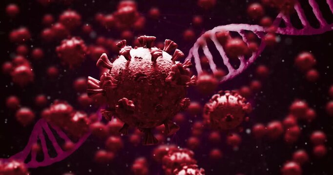 Animation of virus cells and dna strand over black background