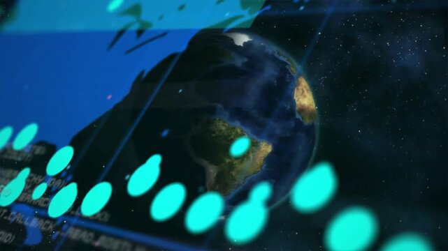 Animation of digital data processing over globe on black background