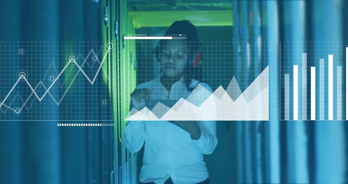 Animation of diagrams and data processing over female worker in server room