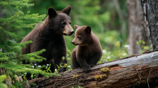 Black bear mother and cub sitting on a fallen log in a lush green forest showcasing wildlife in its natural habitat