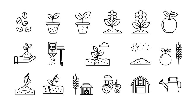 Plant Growth Line Icons Set &ndash; Agriculture & Gardening Vector Illustration