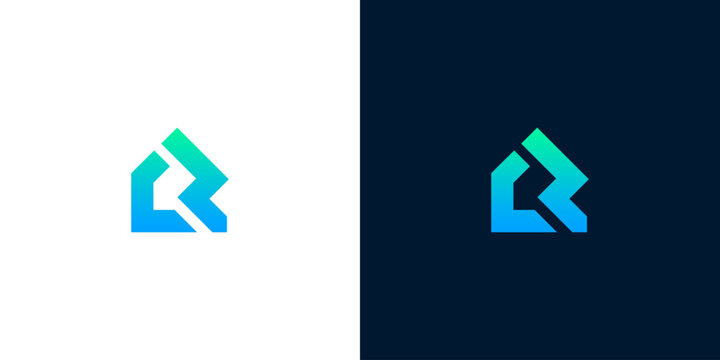 Abstract geometric logo concept with modern blue-green gradient. Stylized house or 'R' shape, versatile for brand identity, innovation, and contemporary business
