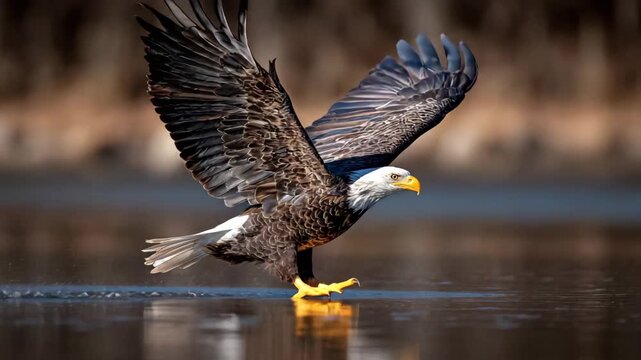 A majestic bald eagle with outstretched wings captured mid-action as it lands on the water symbolizing freedom and strength in American wildlife